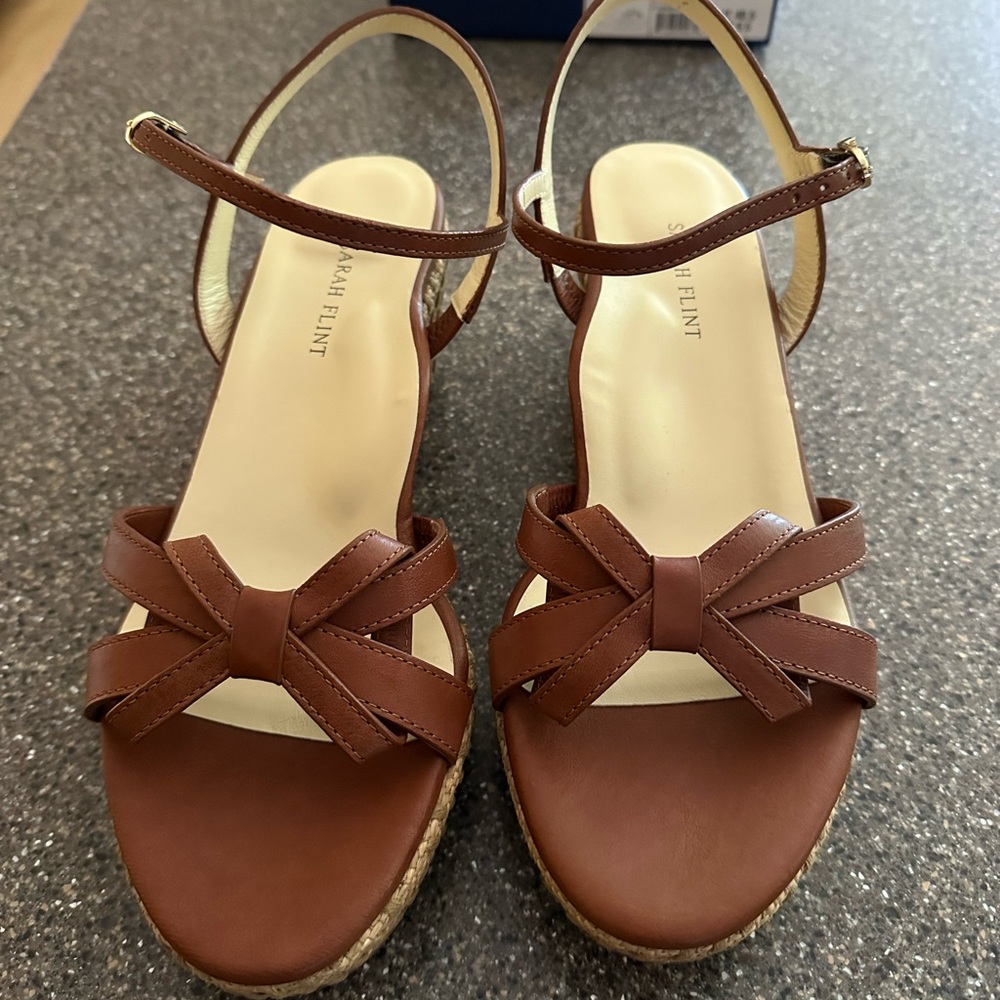 Sarah Flint Tan Wedges with Bow Detail